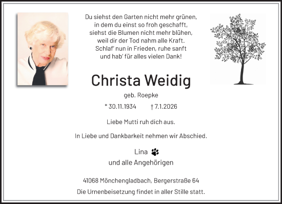Traueranzeige von Christa Weidig von trauer.panorama-anzeigenblatt.de