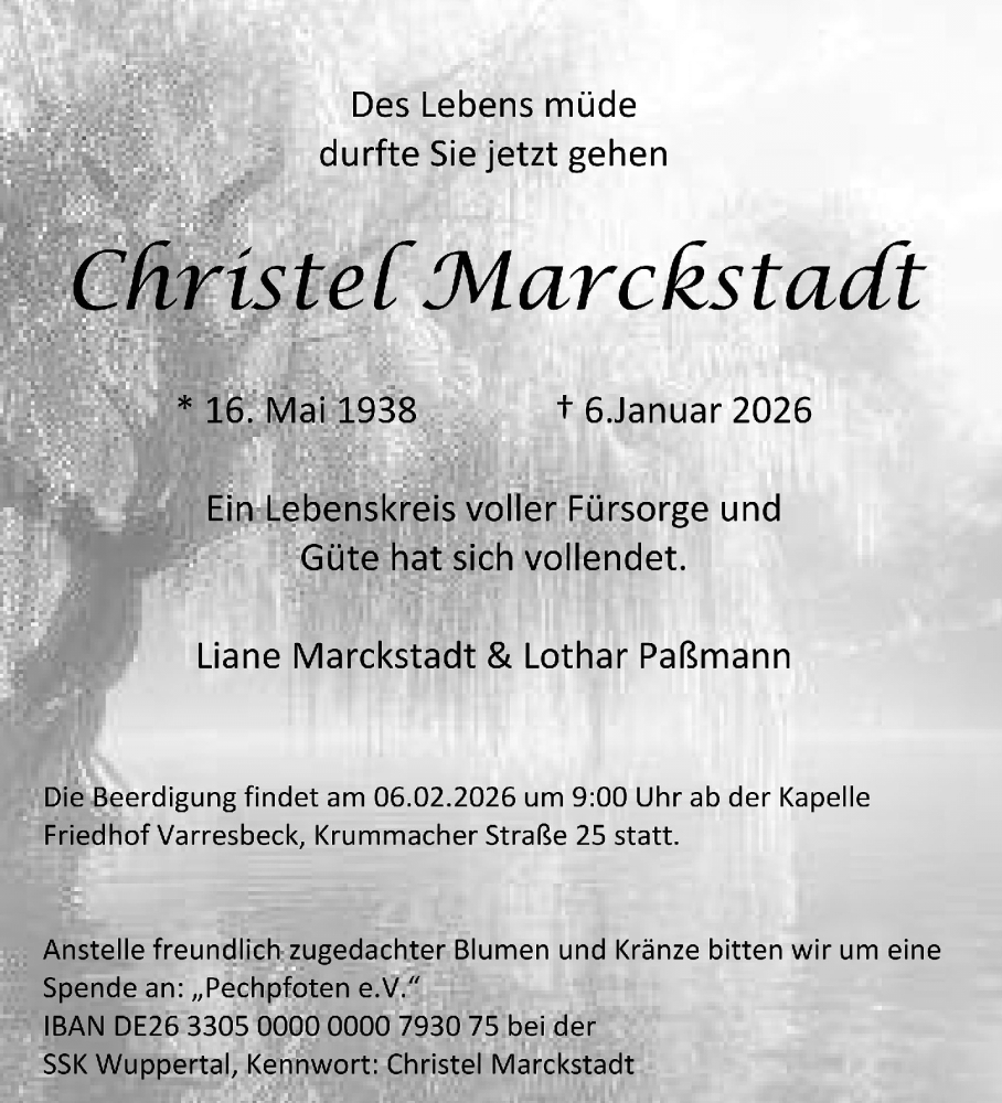  Traueranzeige für Christel Marckstadt vom 24.01.2026 aus trauer.wuppertaler-rundschau.de