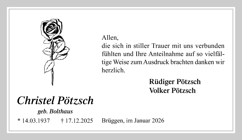  Traueranzeige für Christel Pötzsch vom 18.01.2026 aus trauer.panorama-anzeigenblatt.de