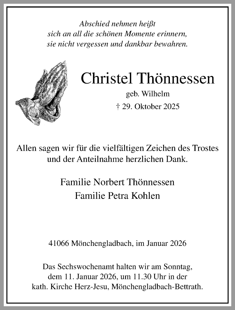  Traueranzeige für Christel Thönnessen vom 04.01.2026 aus trauer.panorama-anzeigenblatt.de