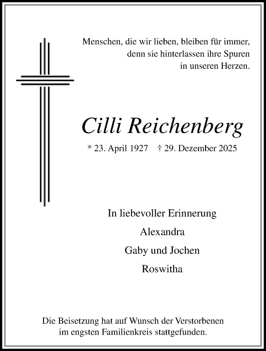 Traueranzeige von Cilli Reichenberg von trauer.panorama-anzeigenblatt.de