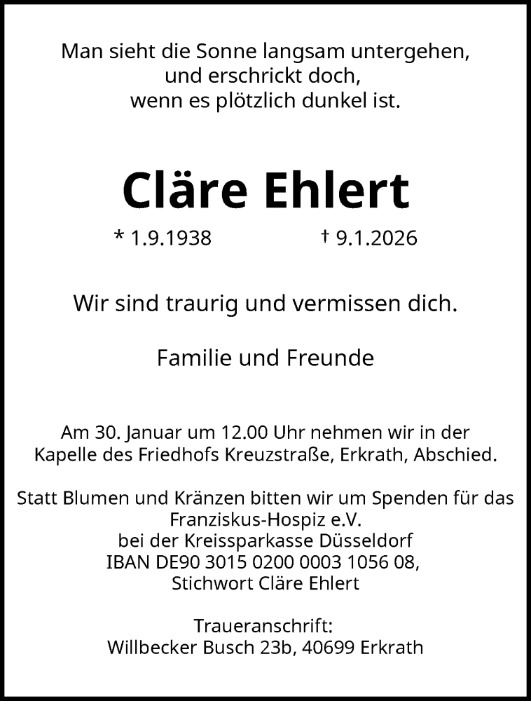  Traueranzeige für Cläre Ehlert vom 23.01.2026 aus trauer.panorama-anzeigenblatt.de