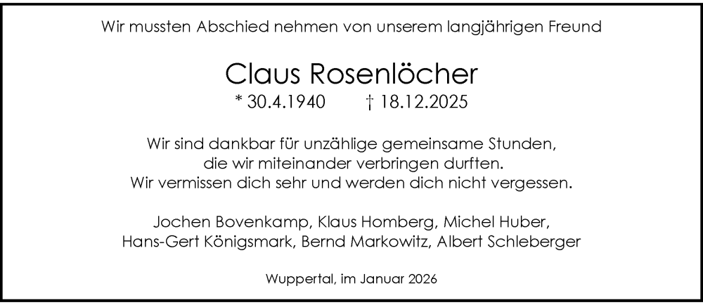  Traueranzeige für Claus Rosenlöcher vom 10.01.2026 aus trauer.wuppertaler-rundschau.de