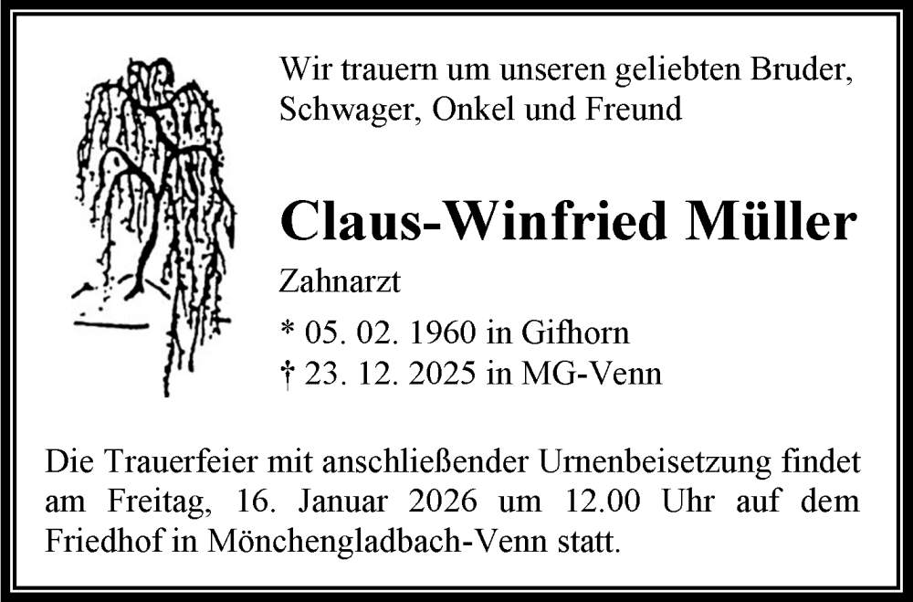  Traueranzeige für Claus-Winfried Müller vom 11.01.2026 aus trauer.panorama-anzeigenblatt.de