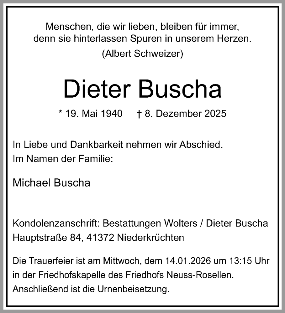 Traueranzeige für Dieter Buscha vom 11.01.2026 aus trauer.panorama-anzeigenblatt.de