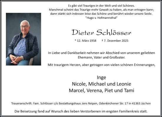 Traueranzeige von Dieter Schlösser von trauer.stadt-kurier.de