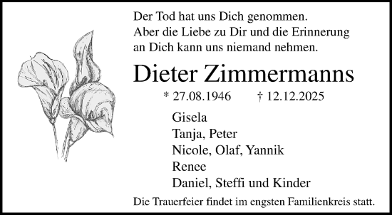 Traueranzeige von Dieter Zimmermanns von trauer.panorama-anzeigenblatt.de