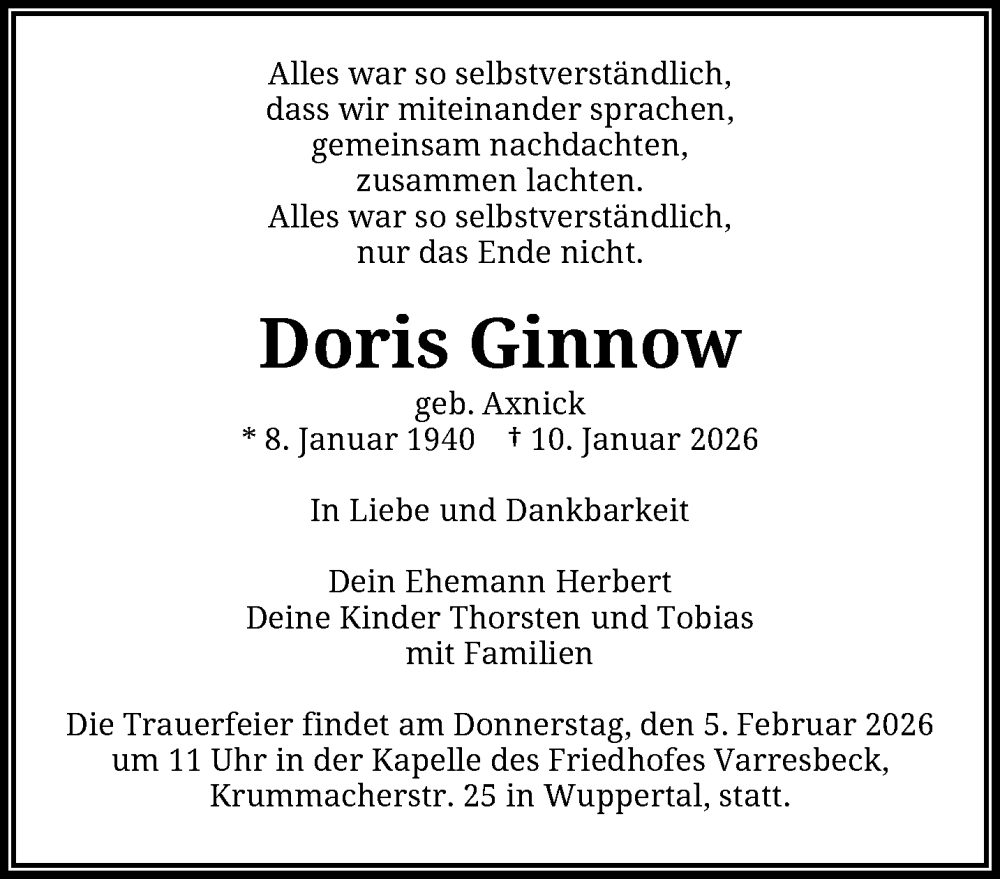  Traueranzeige für Doris Ginnow vom 17.01.2026 aus trauer.wuppertaler-rundschau.de