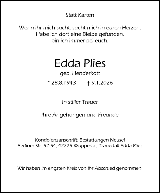 Traueranzeige von Edda Plies von trauer.wuppertaler-rundschau.de