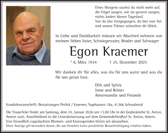 Traueranzeige von Egon Kraemer von trauer.panorama-anzeigenblatt.de