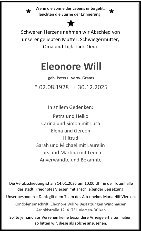 Traueranzeige von Eleonore Will von trauer.panorama-anzeigenblatt.de