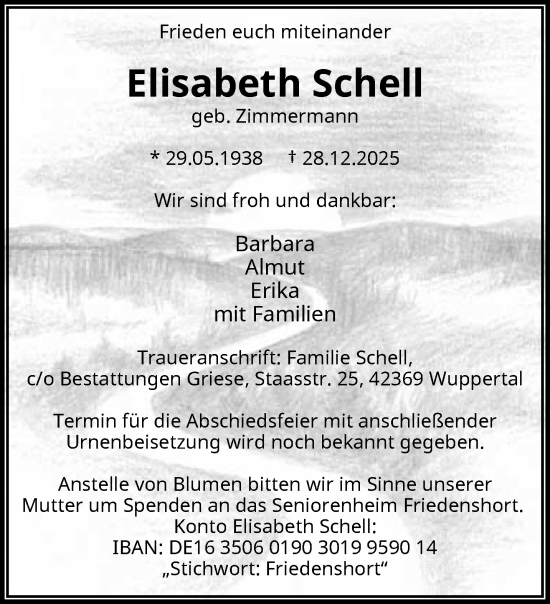 Traueranzeige von Elisabeth Schell von trauer.wuppertaler-rundschau.de