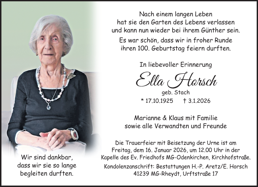  Traueranzeige für Ella Horsch vom 11.01.2026 aus trauer.panorama-anzeigenblatt.de