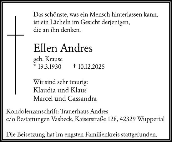 Traueranzeige von Ellen Andres von trauer.wuppertaler-rundschau.de