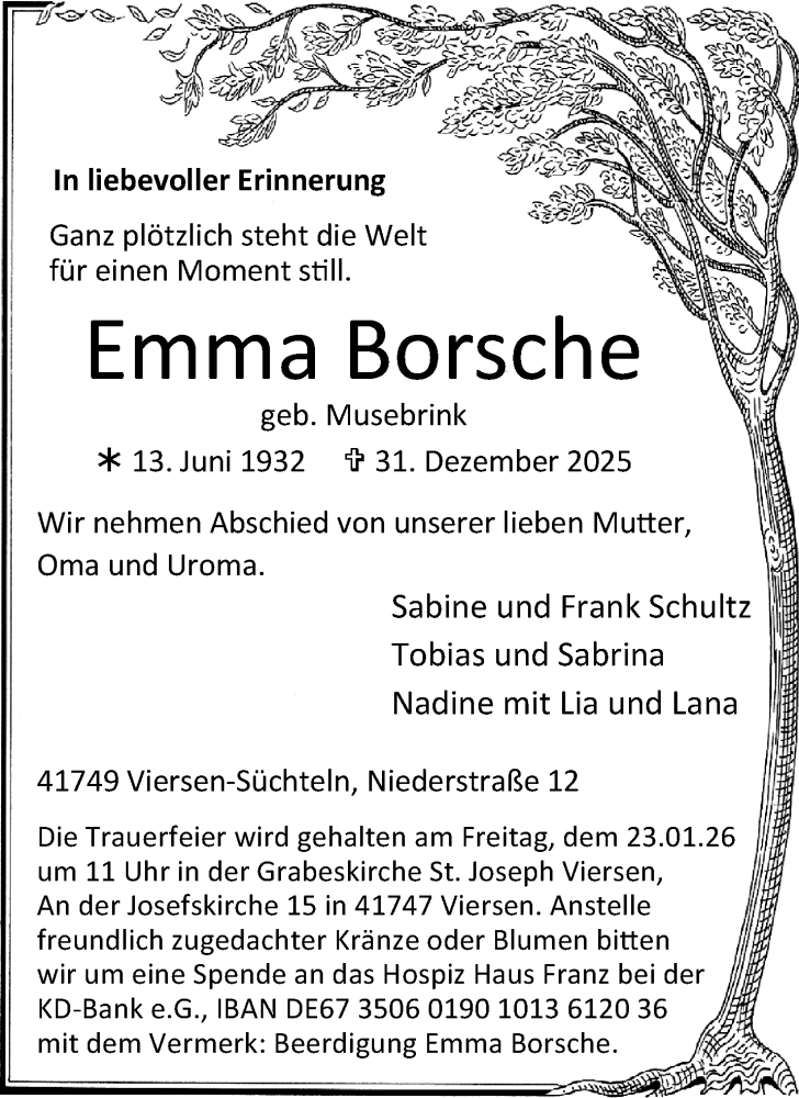  Traueranzeige für Emma Borsche vom 11.01.2026 aus trauer.panorama-anzeigenblatt.de