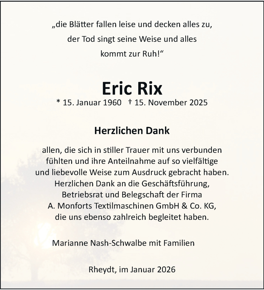  Traueranzeige für Eric Rix vom 18.01.2026 aus trauer.panorama-anzeigenblatt.de