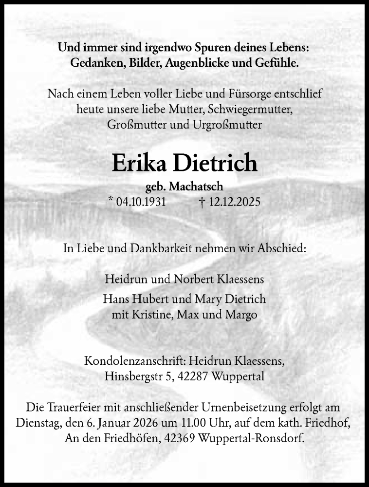  Traueranzeige für Erika Dietrich vom 03.01.2026 aus trauer.wuppertaler-rundschau.de