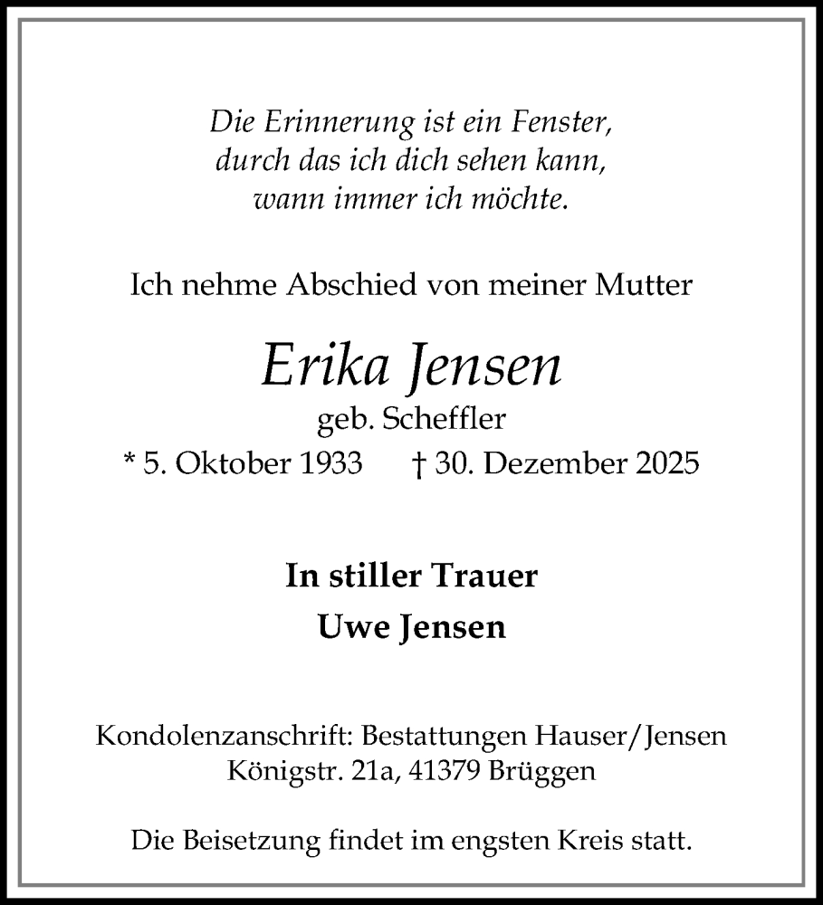  Traueranzeige für Erika Jensen vom 11.01.2026 aus trauer.panorama-anzeigenblatt.de