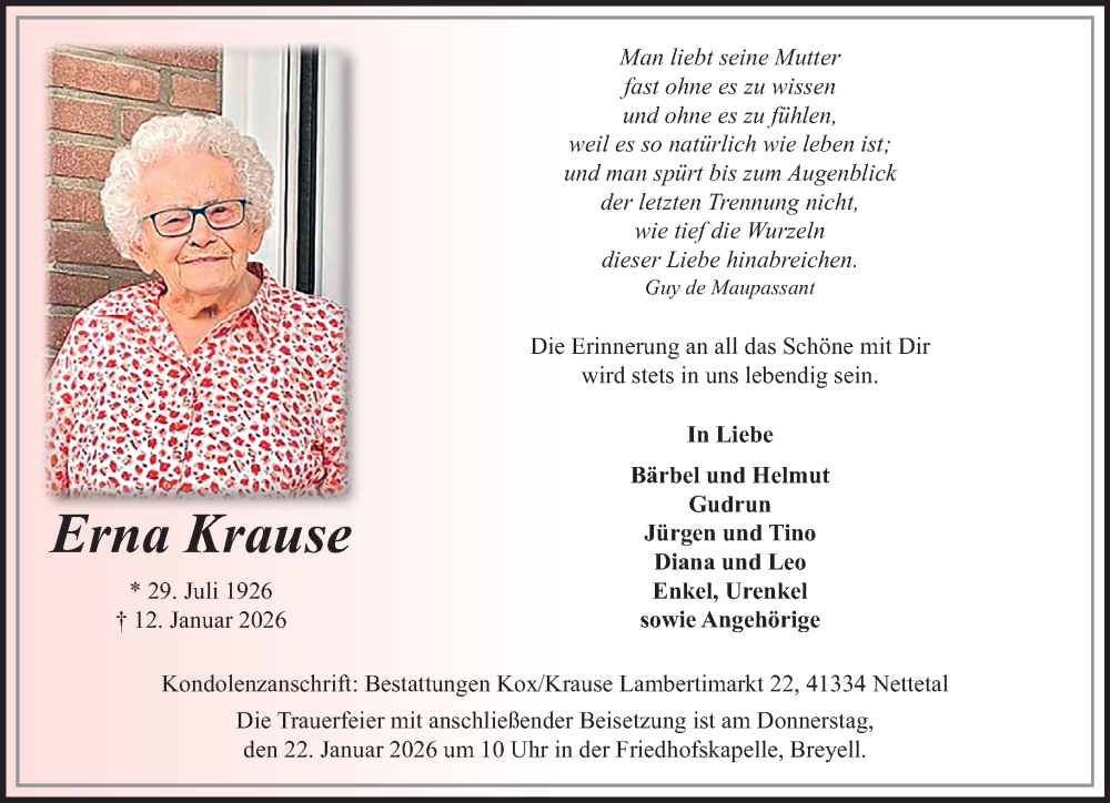  Traueranzeige für Erna Krause vom 18.01.2026 aus trauer.panorama-anzeigenblatt.de