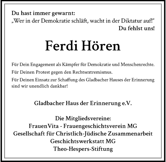 Traueranzeige von Ferdi Hören von trauer.panorama-anzeigenblatt.de