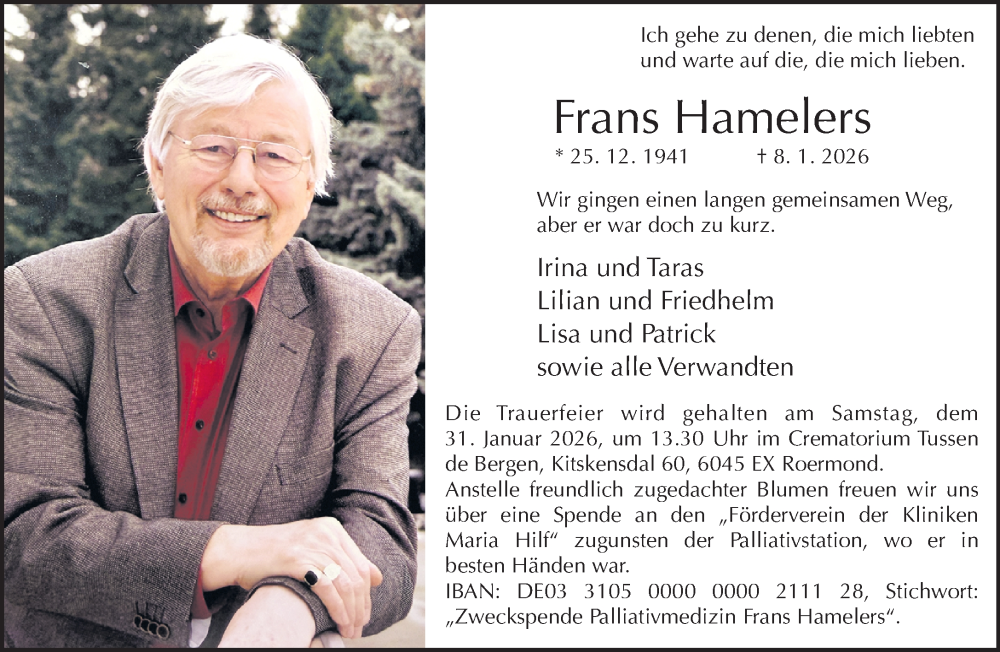  Traueranzeige für Frans Hamelers vom 25.01.2026 aus trauer.panorama-anzeigenblatt.de