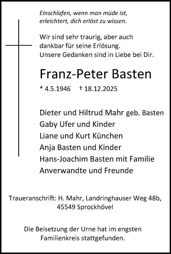 Traueranzeige von Franz-Peter Basten von trauer.wuppertaler-rundschau.de