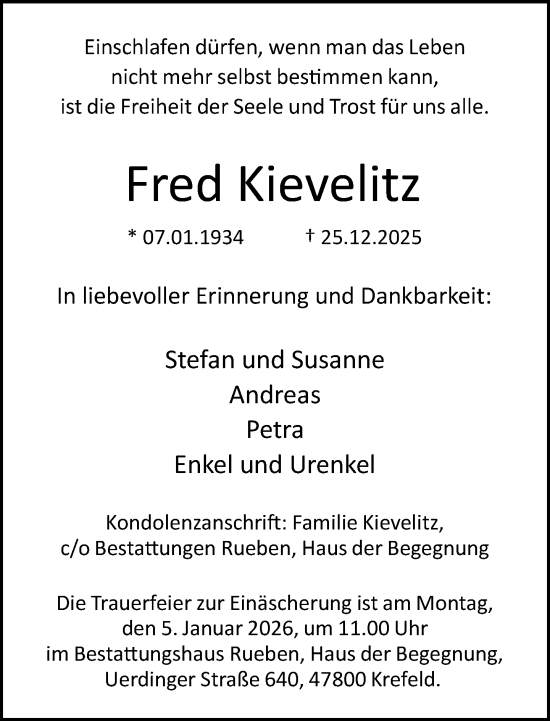 Traueranzeige von Fred Kievelitz von trauer.panorama-anzeigenblatt.de