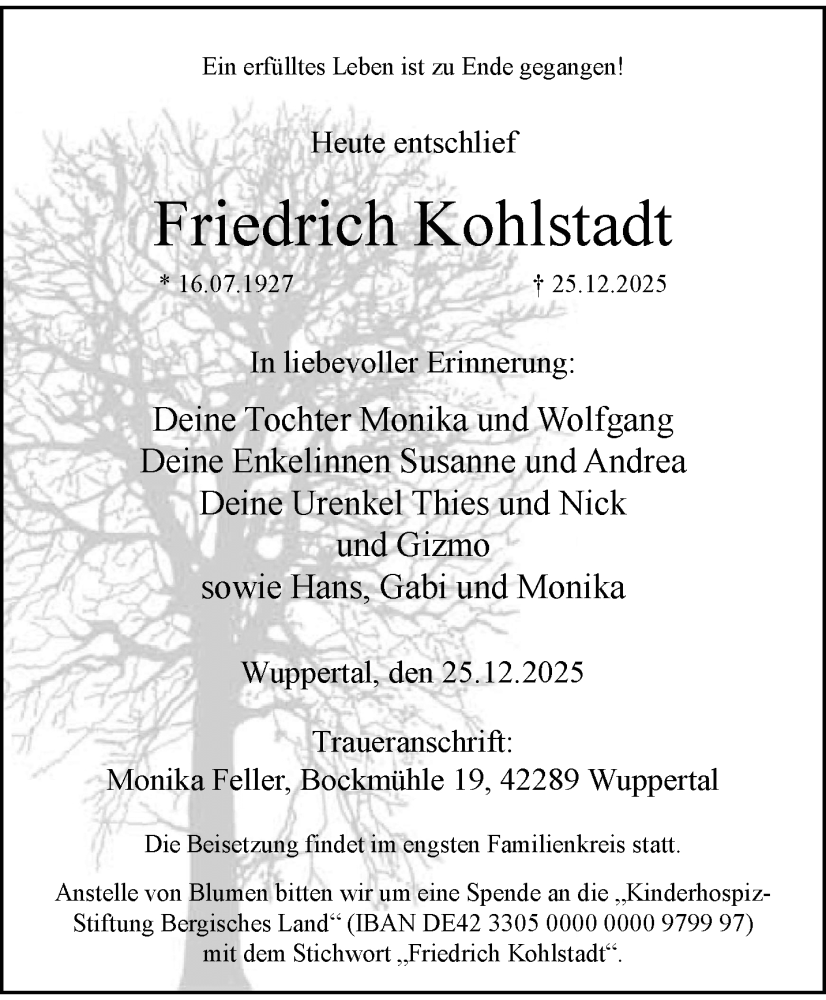  Traueranzeige für Friedrich Kohlstadt vom 10.01.2026 aus trauer.wuppertaler-rundschau.de