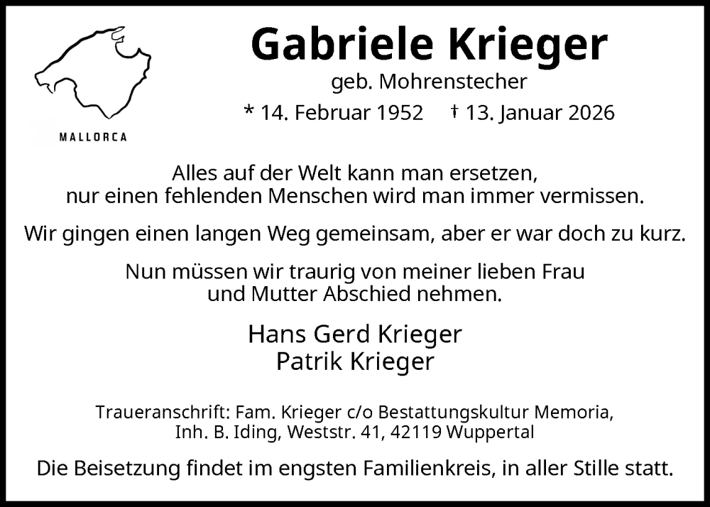 Traueranzeige für Gabriele Krieger vom 17.01.2026 aus trauer.wuppertaler-rundschau.de