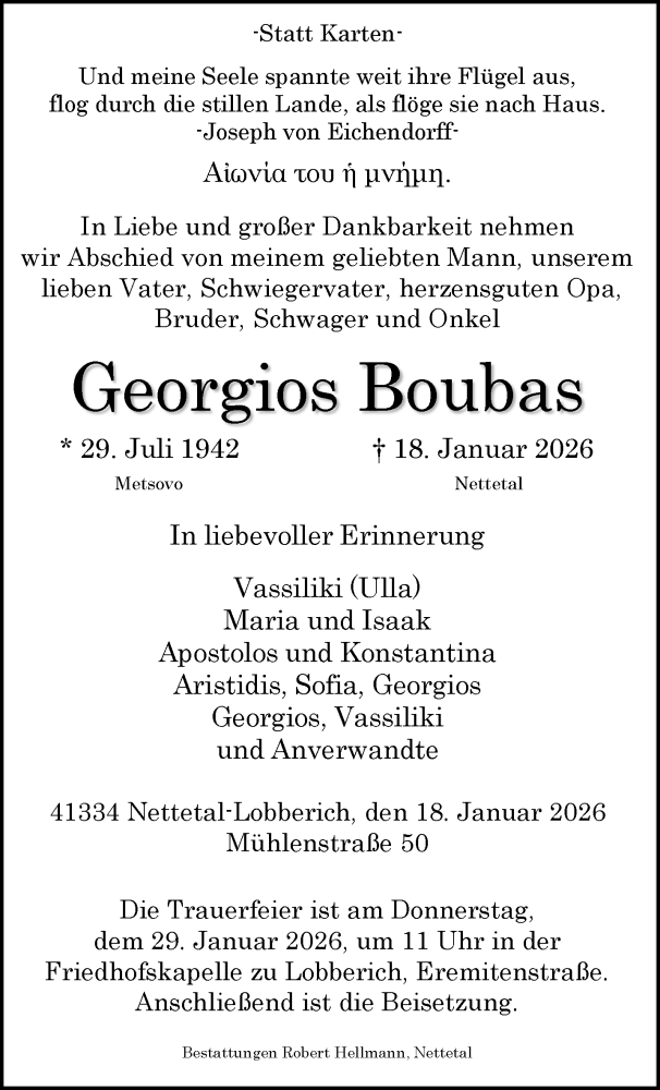  Traueranzeige für Georgios Boubas vom 25.01.2026 aus trauer.panorama-anzeigenblatt.de