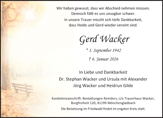 Traueranzeige von Gerd Wacker von trauer.stadt-kurier.de