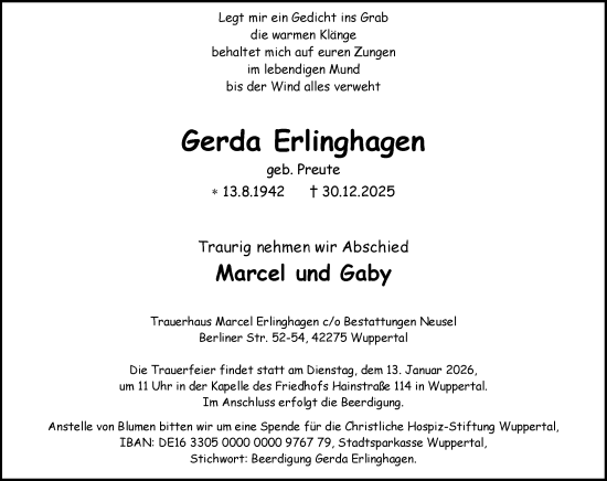 Traueranzeige von Gerda Erlinghagen von trauer.wuppertaler-rundschau.de