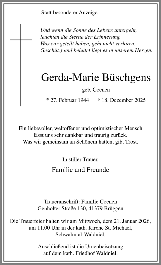 Traueranzeige von Gerda-Marie Büschgens von trauer.panorama-anzeigenblatt.de