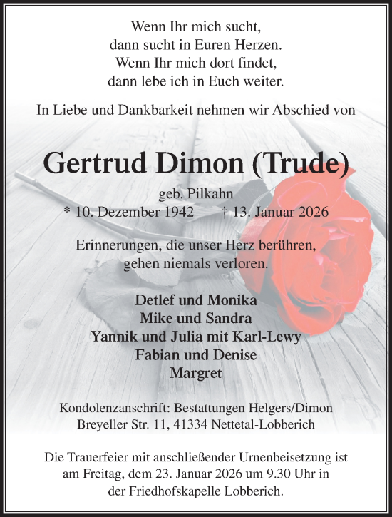 Traueranzeige von Gertrud Dimon von trauer.panorama-anzeigenblatt.de