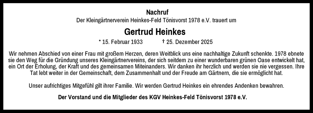  Traueranzeige für Gertrud Heinkes vom 11.01.2026 aus trauer.panorama-anzeigenblatt.de