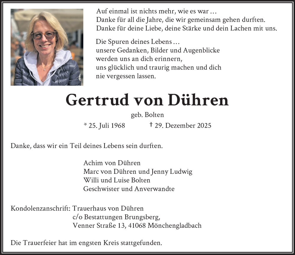 Traueranzeige für Gertrud von Dühren vom 25.01.2026 aus trauer.panorama-anzeigenblatt.de