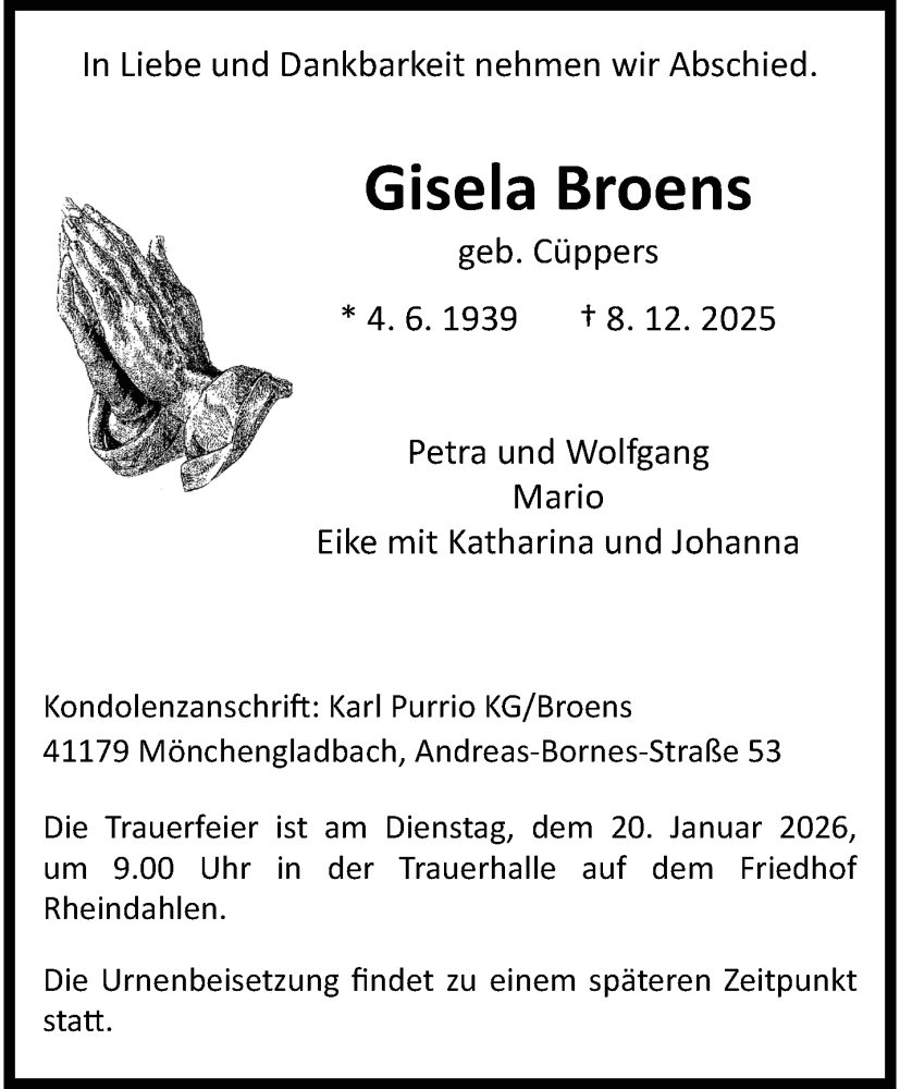  Traueranzeige für Gisela Broens vom 04.01.2026 aus trauer.panorama-anzeigenblatt.de