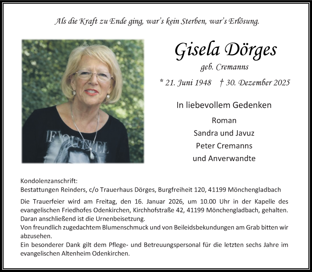  Traueranzeige für Gisela Dörges vom 11.01.2026 aus trauer.panorama-anzeigenblatt.de