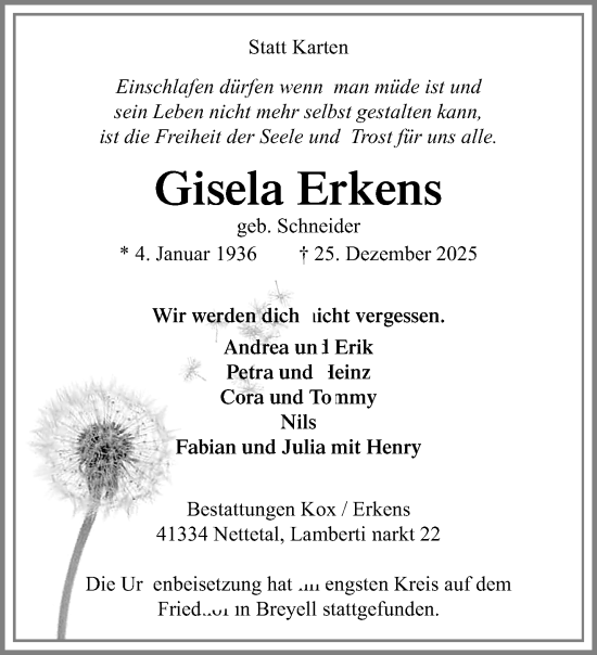 Traueranzeige von Gisela Erkens von trauer.panorama-anzeigenblatt.de