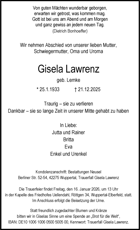 Traueranzeige von Gisela Lawrenz von trauer.wuppertaler-rundschau.de