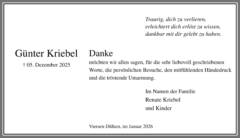  Traueranzeige für Günter Kriebel vom 25.01.2026 aus trauer.panorama-anzeigenblatt.de