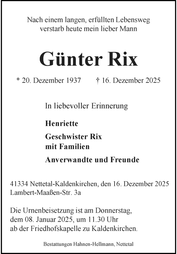  Traueranzeige für Günter Rix vom 04.01.2026 aus trauer.panorama-anzeigenblatt.de