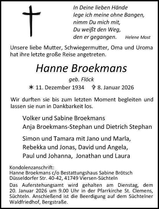 Traueranzeige von Hanne Broekmans von trauer.panorama-anzeigenblatt.de