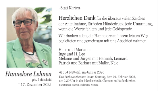 Traueranzeige von Hannelore Lehnen von trauer.panorama-anzeigenblatt.de