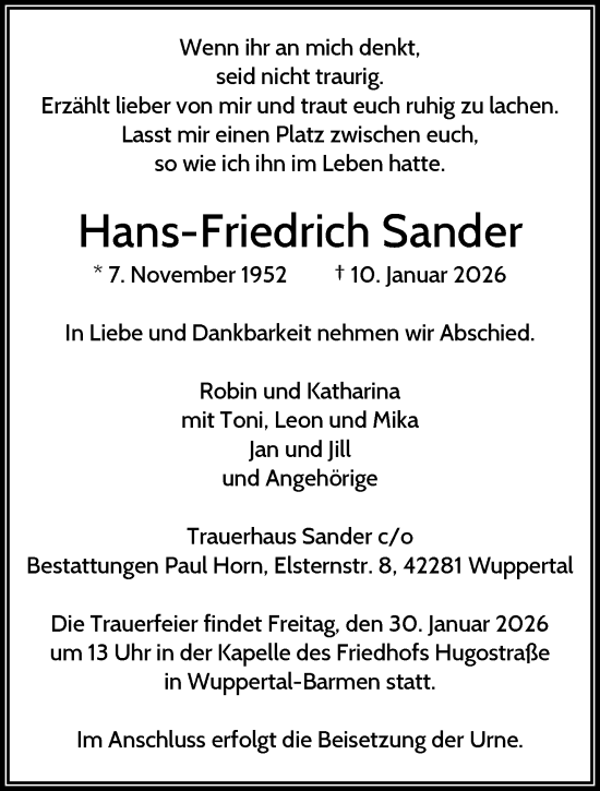 Traueranzeige von Hans-Friedrich Sander von trauer.wuppertaler-rundschau.de