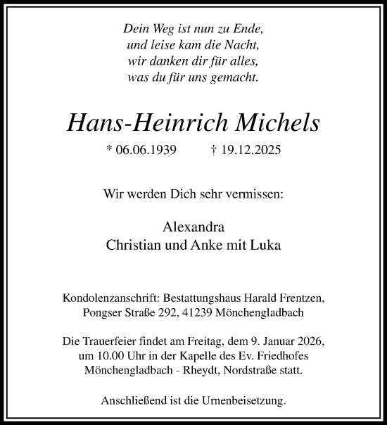 Traueranzeige von Hans-Heinrich Michels von trauer.panorama-anzeigenblatt.de
