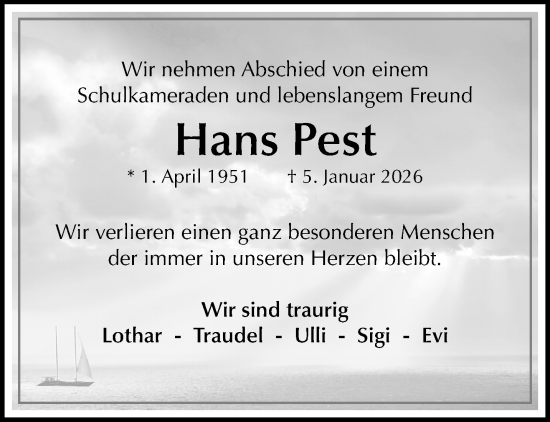 Traueranzeige von Hans Pest von trauer.panorama-anzeigenblatt.de