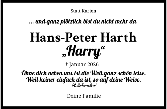 Traueranzeige von Hans-Peter Harth von trauer.panorama-anzeigenblatt.de