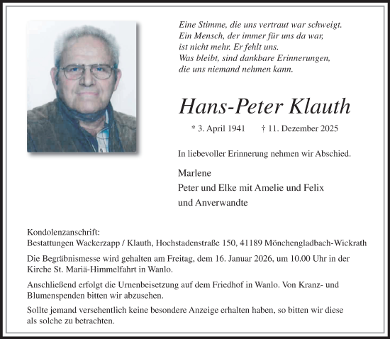 Traueranzeige von Hans-Peter Klauth von trauer.panorama-anzeigenblatt.de
