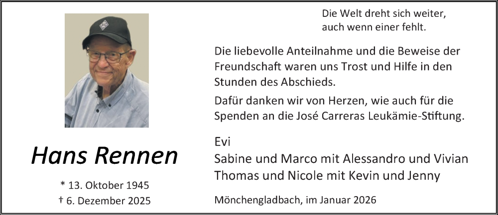  Traueranzeige für Hans Rennen vom 11.01.2026 aus trauer.panorama-anzeigenblatt.de